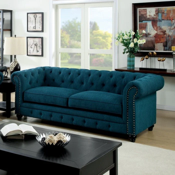 Stanford Sofa in Dark Teal Linen - Angled View of the Front