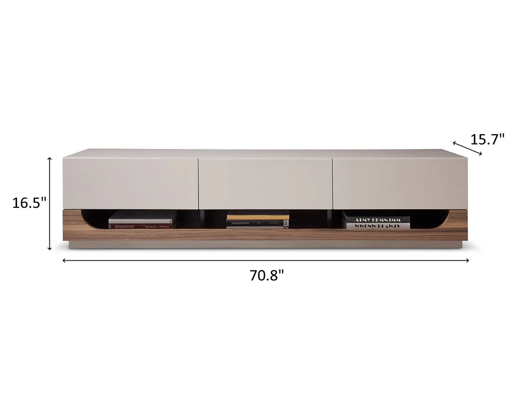 TV103 Long TV Stand in Taupe and Walnut Finish - Dimensions Overlaid on TV Stand