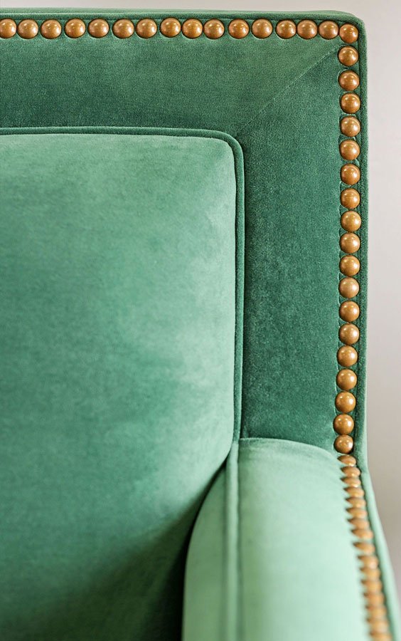 Verdante Living Room Set in Emerald Green Microfiber - Close-up View of Microfriber Material and Gold Furniture Tacks