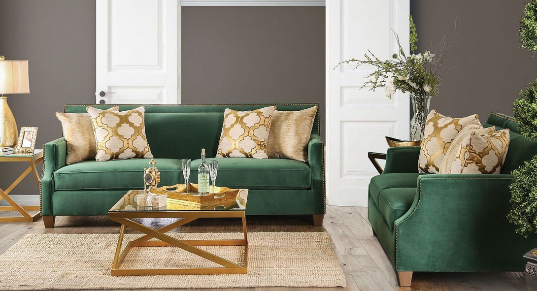 Verdante Living Room Set in Emerald Green Microfiber - Angled View of Set in a Modern Demo Room