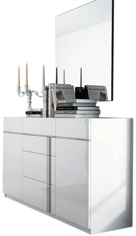  Granada Modern Bedroom Set in White Lacquer Finish - Angled View of Dresser and Mirror on a White Transparent Background