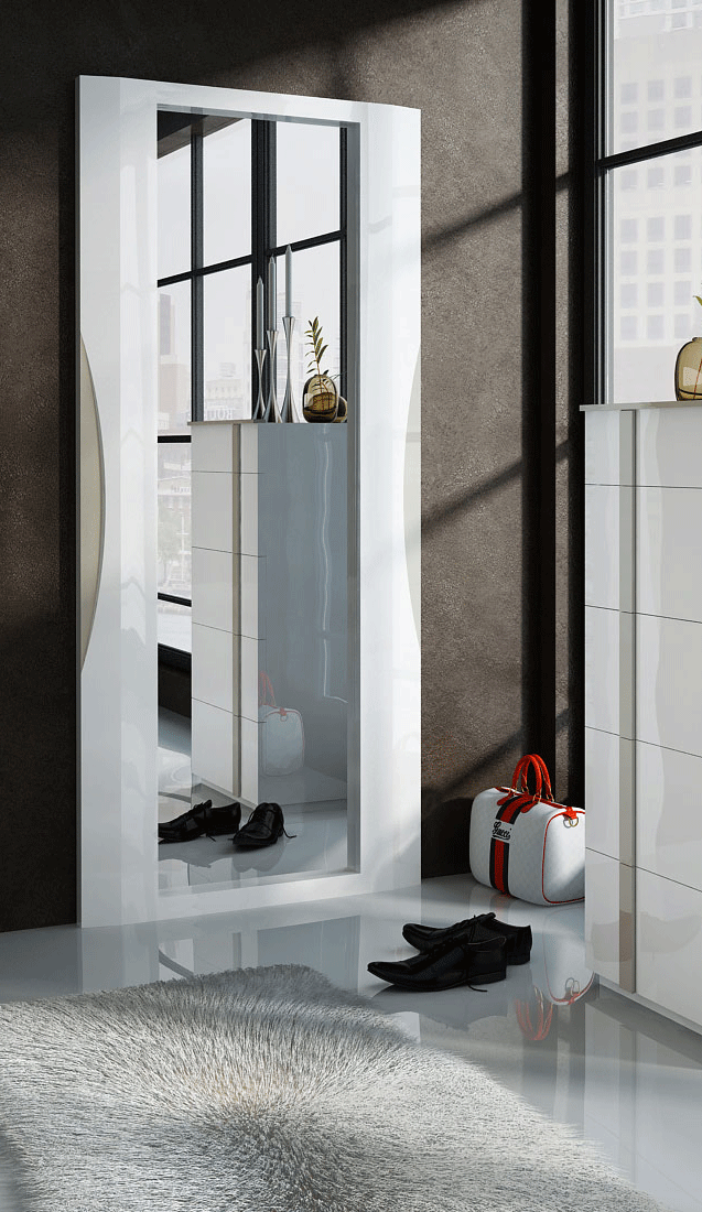 Granada Modern Bedroom Set in White Lacquer Finish - Angled View of Mirror in a Demo Room