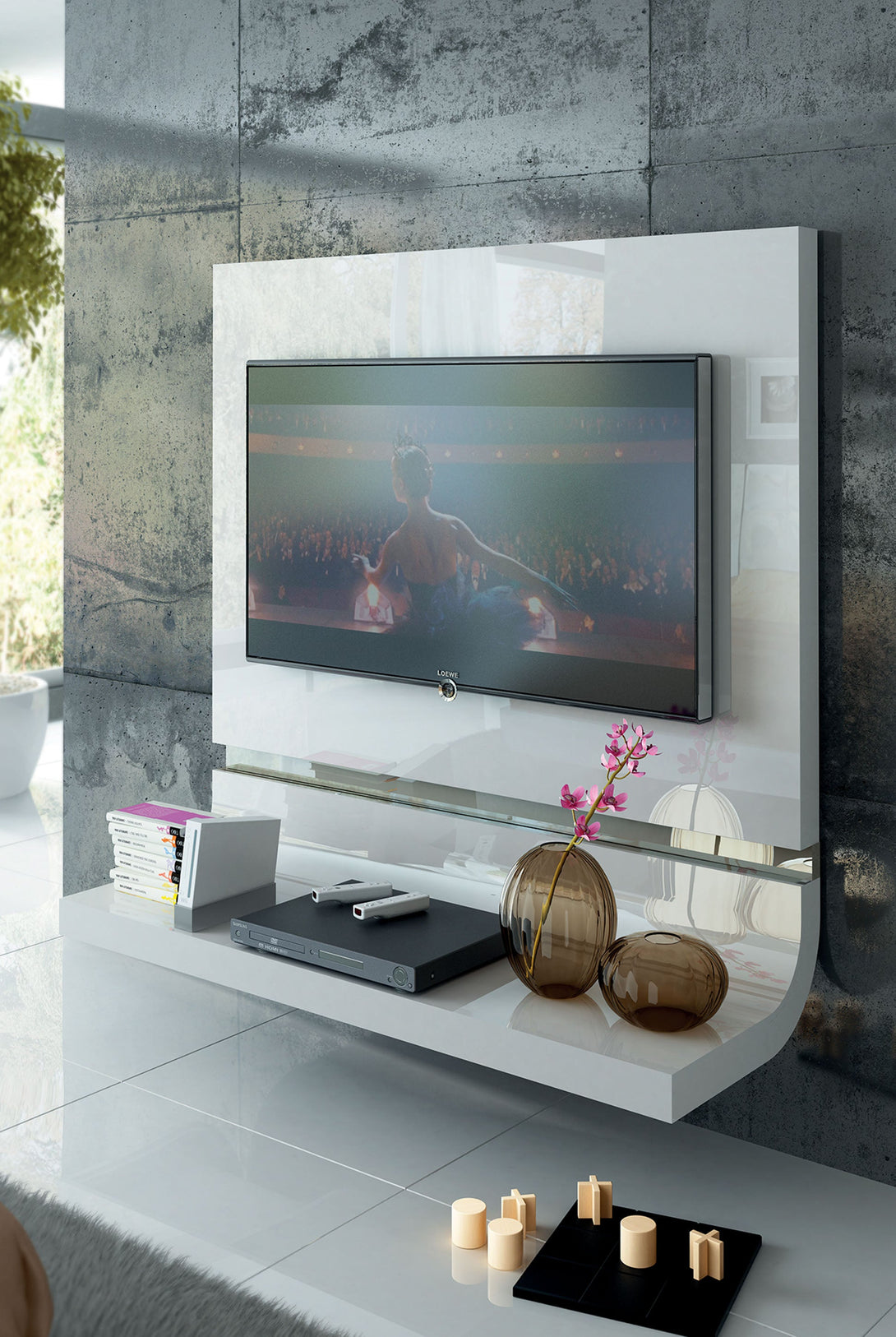 Granada Modern Bedroom Set in White Lacquer Finish - Front View of Mounted TV Stand Unit in a Demo Room