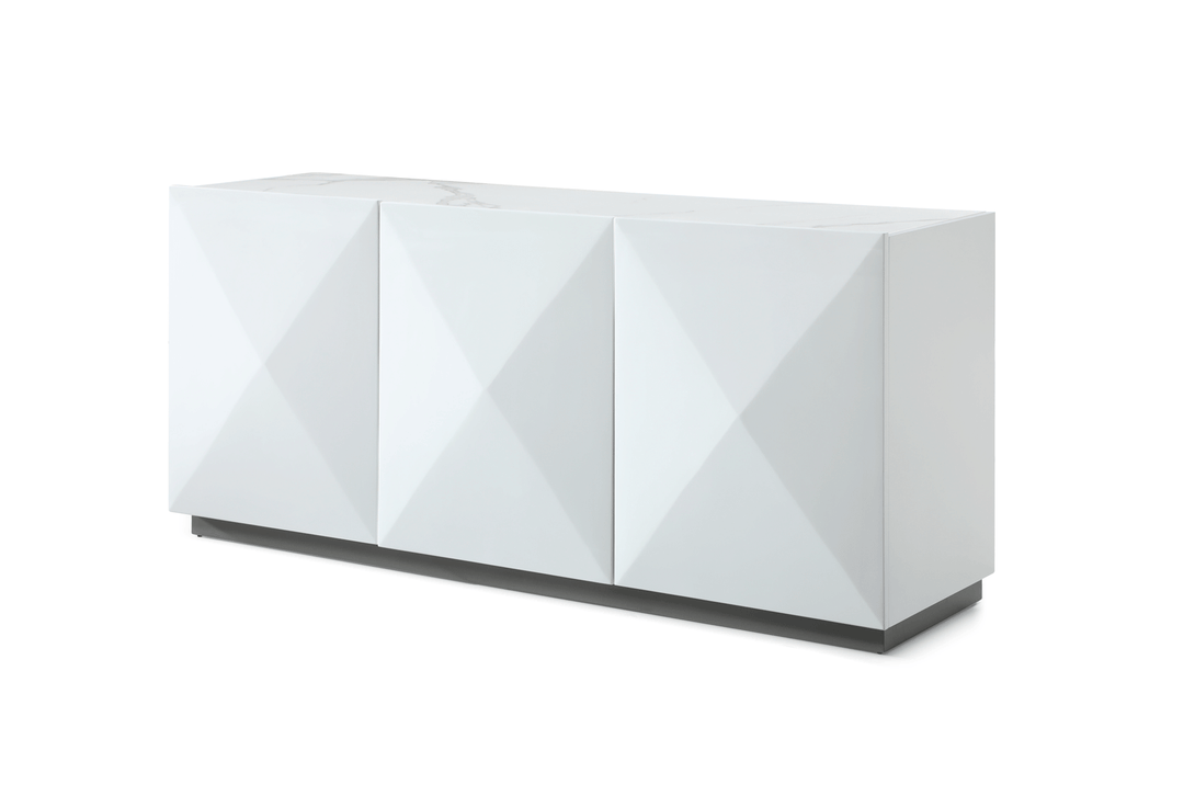 White Buffet with Storage Shelves Inside - Angled View of the Front