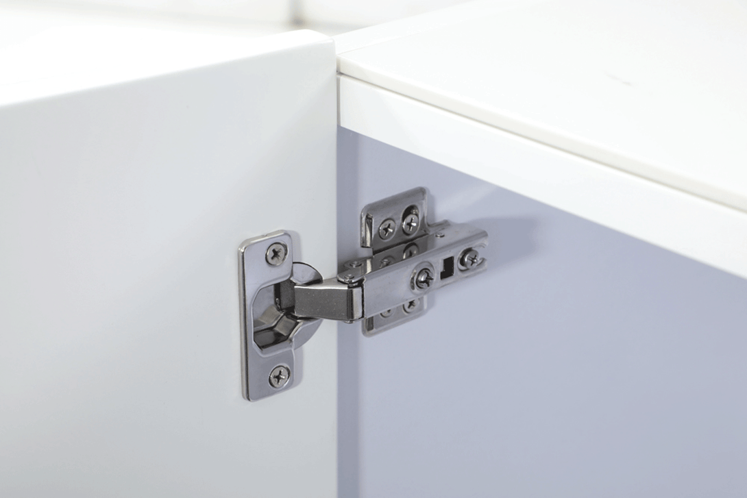 White Buffet with Storage Shelves Inside - Close-Up View Cabinet Door Hinge