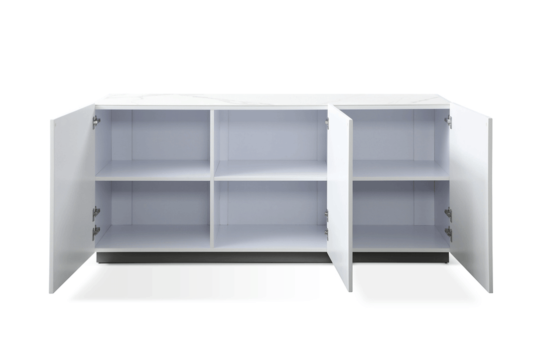 White Buffet with Storage Shelves Inside - View of Doors Opened and Shevling