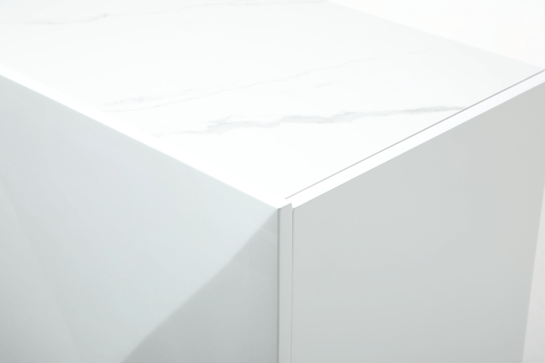 White Buffet with Storage Shelves Inside - Close-Up View Buffet Base