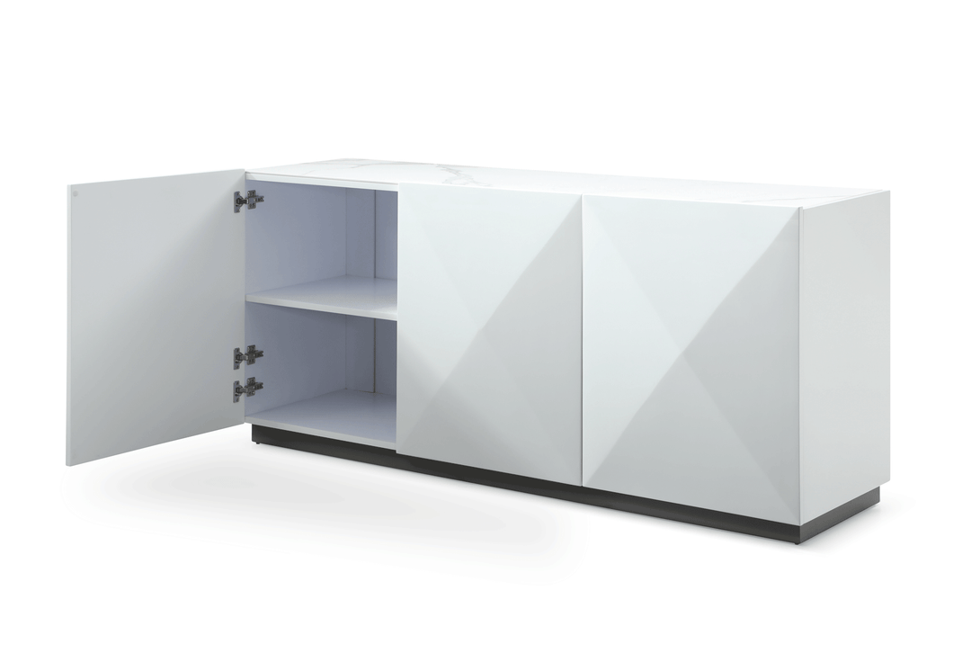 White Buffet with Storage Shelves Inside - Angled View of One-Door Opened and Shevling