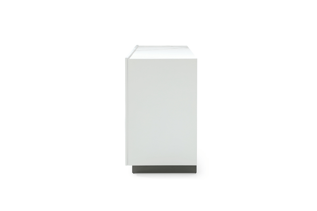 White Buffet with Storage Shelves Inside - Side View of Buffet