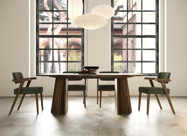 Modrest Sacks - Mid-Century Modern Herringbone Walnut Dining Table - Side view of dining set in a demo room environment